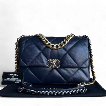 Chanel 19 Medium - C19 Quilted Goatskin Dark Navy Blue Shoulder Bag Two-tone Hardware Series 29