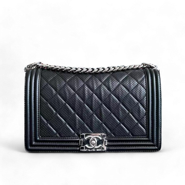 Chanel Boy Medium - 28CM Quilted Lambskin Perforated Black Silver Hardware Series 19