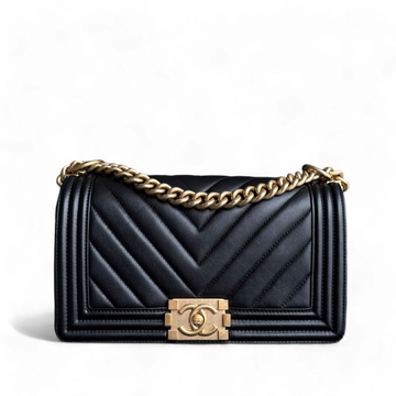 Chanel Boy Medium - Calfskin 25CM Chevron Black Gold Hardware Series 24
