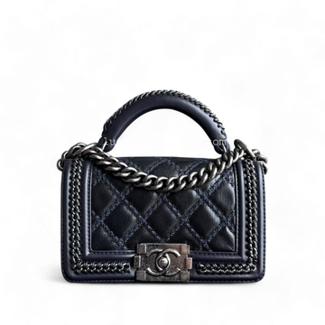 Chanel Boy Small Handle - 20CM Calfskin Chain Around Top Handle Limited Edition Dark Blue Ruthenium Silver Hardware Series 21