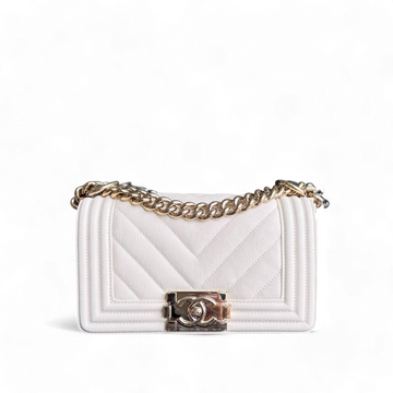 Chanel Boy Small - Caviar 20CM Chevron Cream White Gold Hardware Series 29