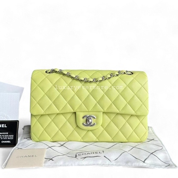 *Full Set, Receipt* Chanel Classic Flap Medium Quilted Lambskin Light Yellow Silver Hardware