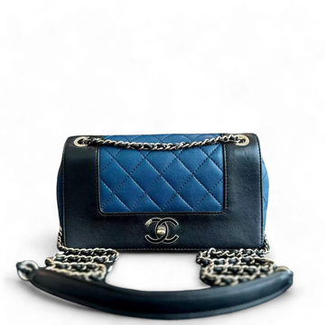 Chanel Seasonal Flap - Mademoiselle Small 20CM Calfskin Two-Tone Black Blue Golden Hardware Series 23