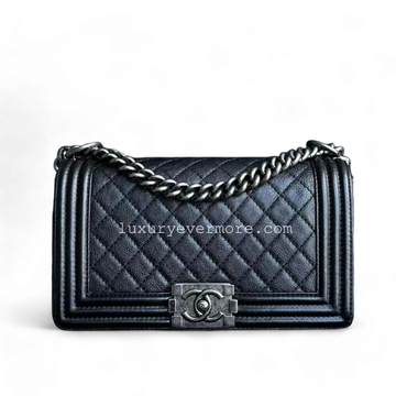 Calfskin Boy Old Medium 25CM Medium Quilted Black Ruthenium Silver Hardware Series 18
