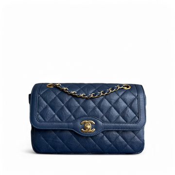Chanel Two Tone Flap - Medium Crumpled Grained Calfskin Navy Blue Gold