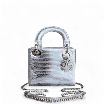 *Rare* Dior Lady Mini - Lizard Silver Metallic Limited Edition Chain Strap Silver Hardware