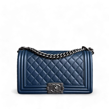 Chanel Boy Medium - Caviar 25CM Quilted Dark Navy Blue Ruthenium Silver Hardware Series 25