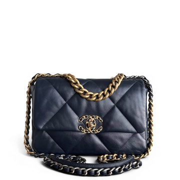 Chanel 19 Bag Small - Quilted Goatskin Dark Navy Blue Two-Tone Gold Hardware Series 31