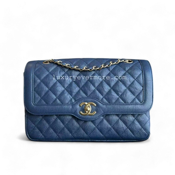 Crumpled Two Tone Flap Grained Calfskin Navy Blue Golden Hardware Series 21