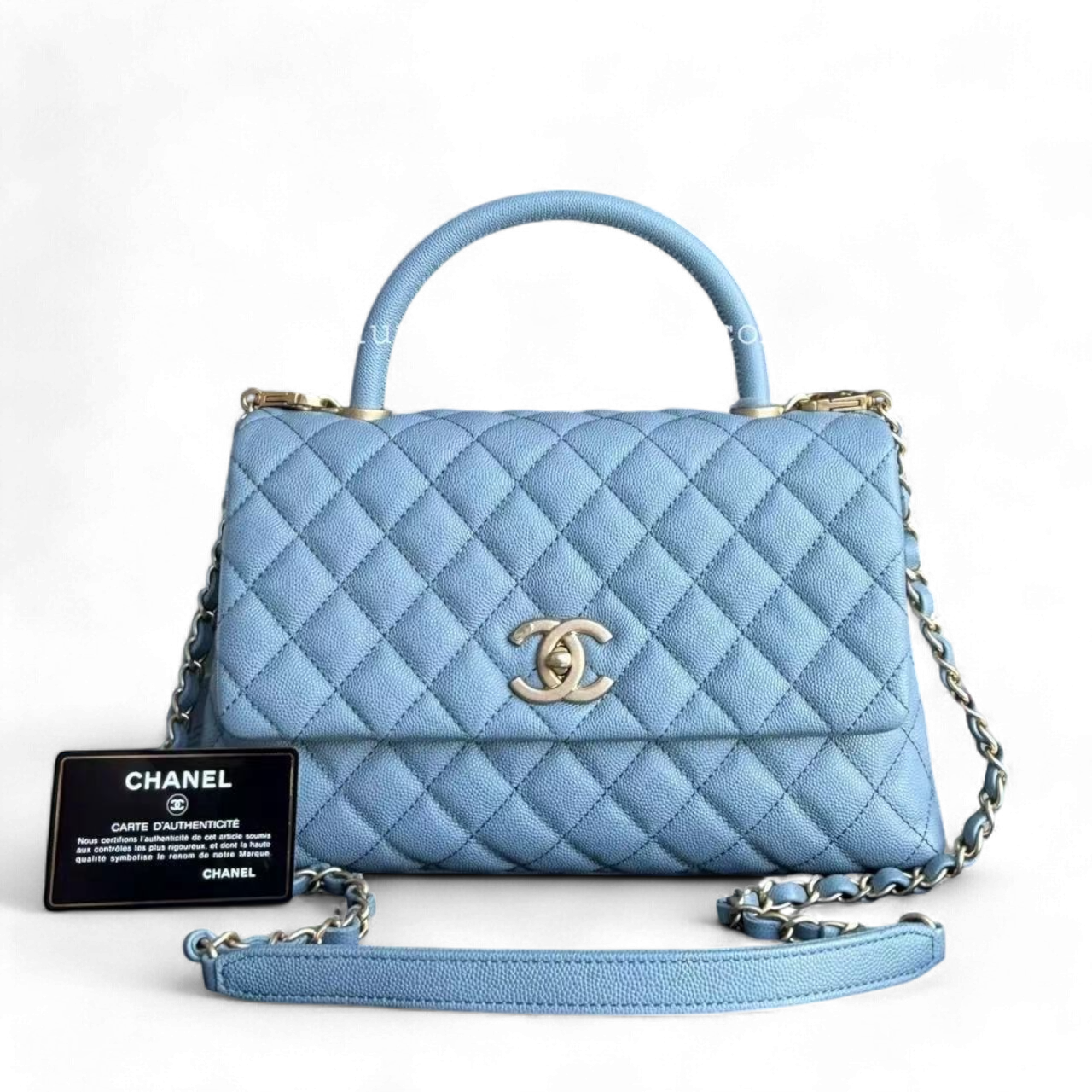 *Receipt, Full Set* Chanel Coco Handle Medium - Caviar 29CM Quilted Sky Blue Gold Hardware Series 27
