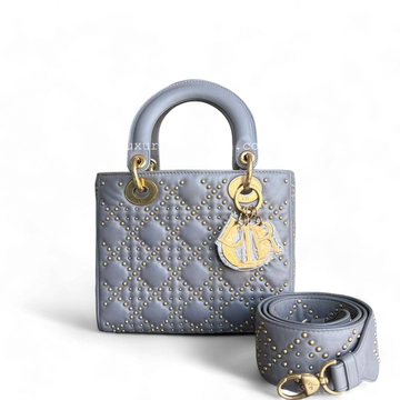 Dior Small Lady Shoulder Bag - Studded Cannage Grey Gray Golden Hardware