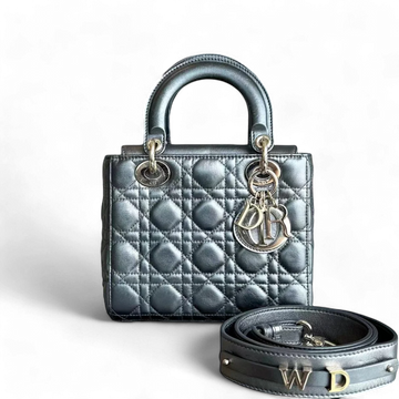 *ABC Strap* Dior Lady Small MyABC Cannage Calfskin Metallic Gunmetal Grey Golden Hardware