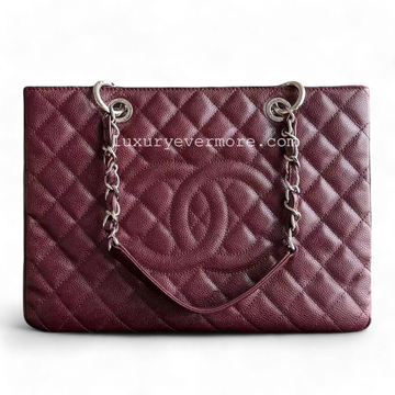 GST Grand Shopping Tote Caviar Quilted Burgundy Dark Red Silver Hardware Series 19