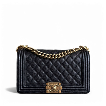 Chanel Boy Medium - Caviar 25CM Quilted Black Ruthenium Gold Hardware Series 20