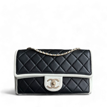 Chanel Seasonal Flap - Medium Graphic Quilted Lambskin Black White Gold Hardware Series 18
