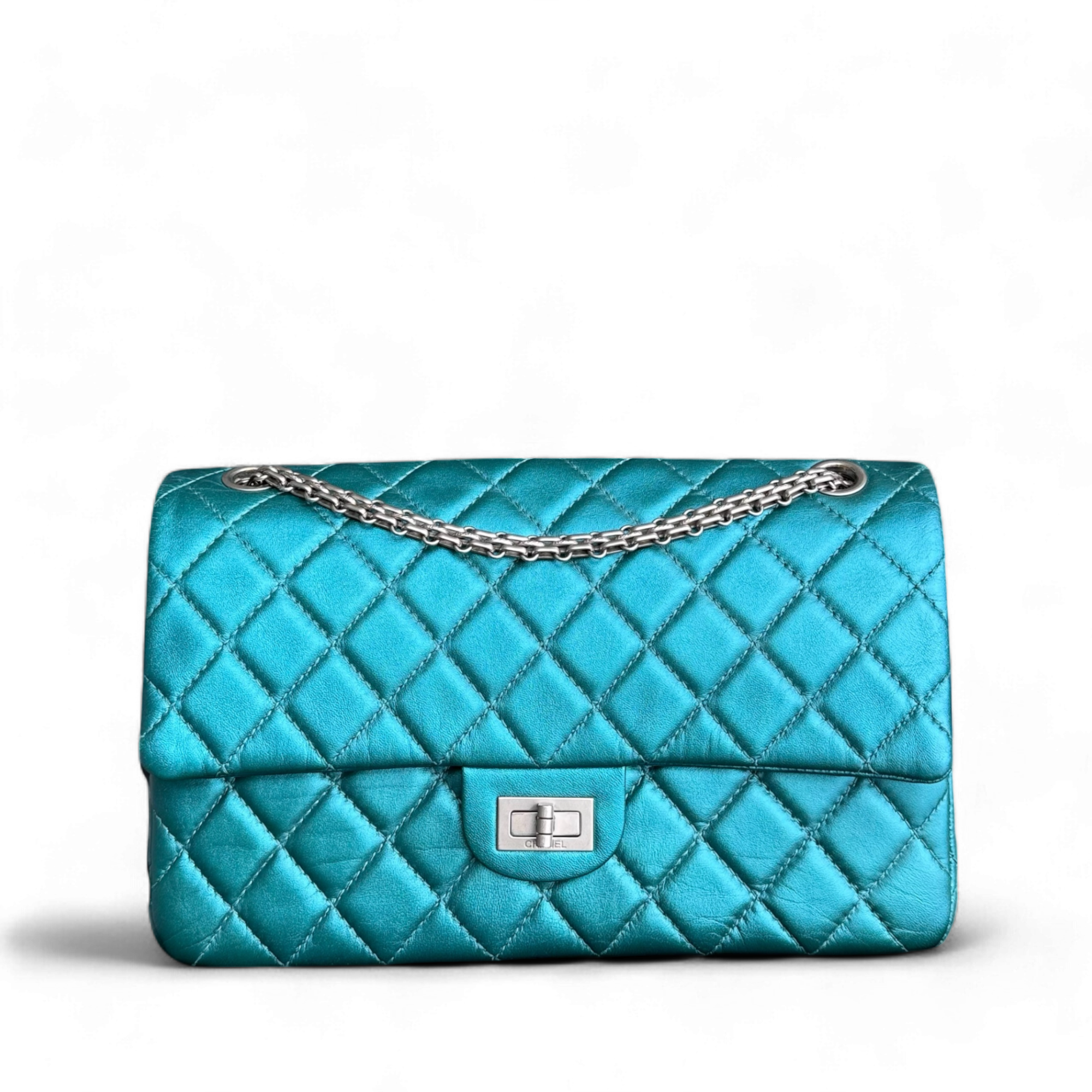 Chanel 2.55 Reissue 226 - Medium Quilted Calfskin Iridescent Cyan Blue Silver Hardware Series 12