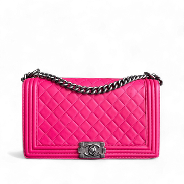 Chanel Boy Medium - 28CM Quilted Lambskin Hot Pink Ruthenium Silver Hardware Series 19