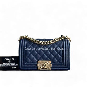 Chanel Boy Small - Caviar Quilted Grained Calfskin Dark Blue Golden Hardware Series 26