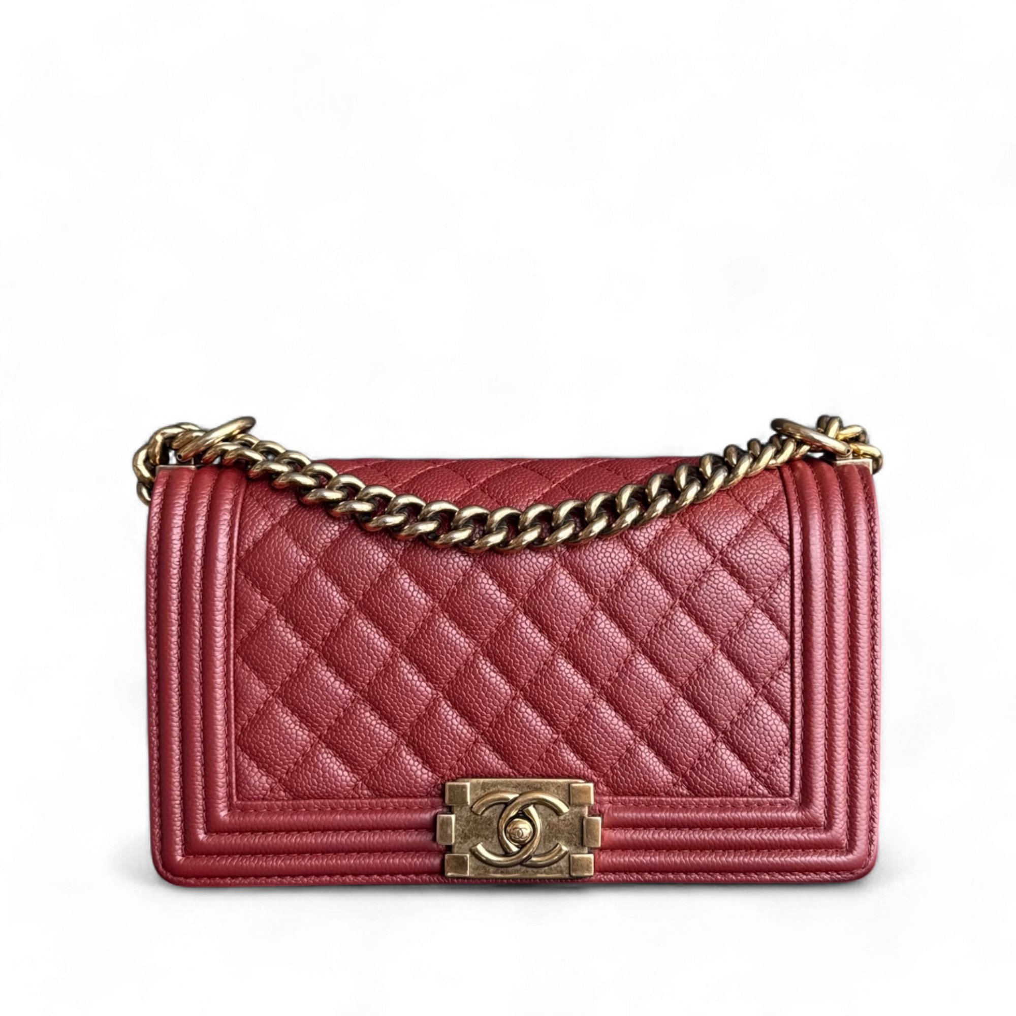 Chanel Boy Medium - Caviar 25CM Quilted Red Ruthenium Gold Hardware Series 20