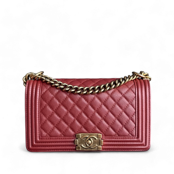 Chanel Boy Medium - Caviar 25CM Quilted Red Ruthenium Gold Hardware Series 20