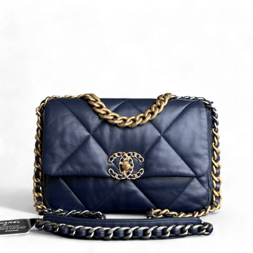 Chanel 19 Bag Small - C19 Quilted Goatskin Dark Navy Blue Two-tone Hardware Series 31