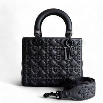 *Flap Open* Lady All Black Medium Studded Cannage Black Hardware