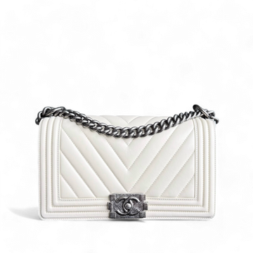Chanel Boy Medium - 25CM Chevron Calfskin Cream White Ruthenium Silver Hardware Series 20