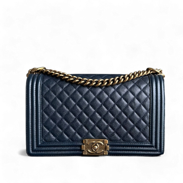 Chanel Boy Medium - Caviar 28CM New Medium Dark Blue Ruthenium Gold Hardware Series 19