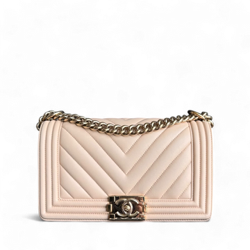 Chanel Boy Medium - 25CM Chevron Calfskin Beige Gold Hardware Series 23