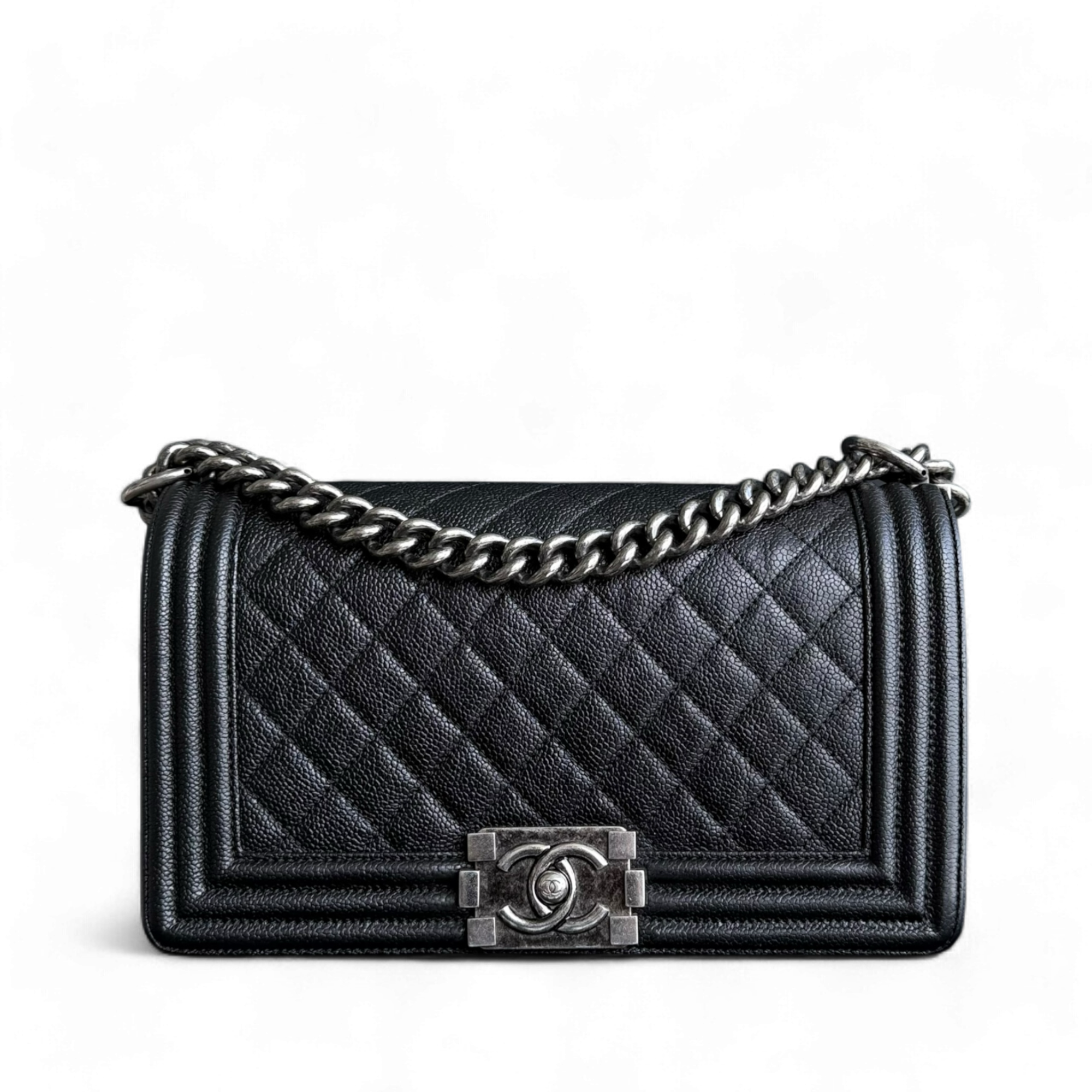 Chanel Boy Medium - Caviar 25CM Quilted Black Ruthenium Silver Hardware Series 23