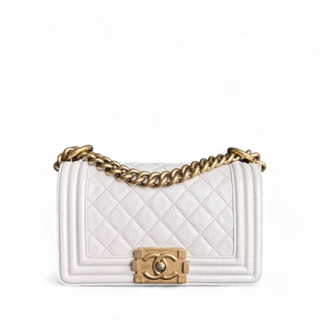 Chanel Boy Small - Grained Calfskin Quilted Cream White Gold Hardware Series 20