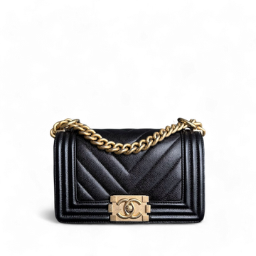 Chanel Boy Small - Caviar 20CM Chevron Black Gold Hardware Series 24