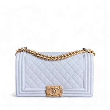 Chanel Boy Medium - Caviar 25CM Quilted Light Grey Gray Gold Hardware Series 25