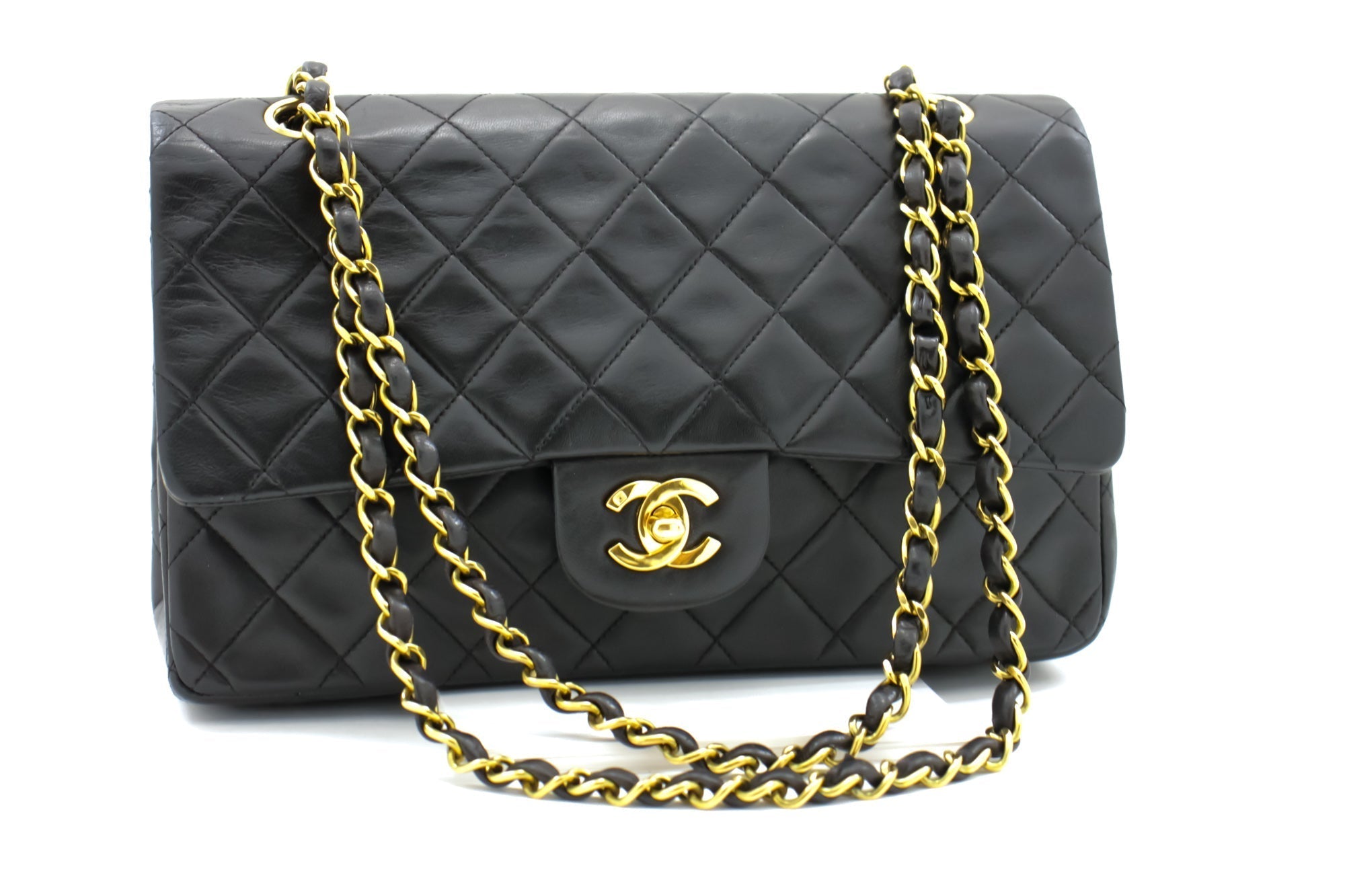 CHANEL Classic Double Flap 10" Chain Shoulder Bag Black Lambskin i68