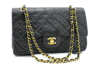 CHANEL Classic Double Flap 10" Chain Shoulder Bag Black Lambskin i68