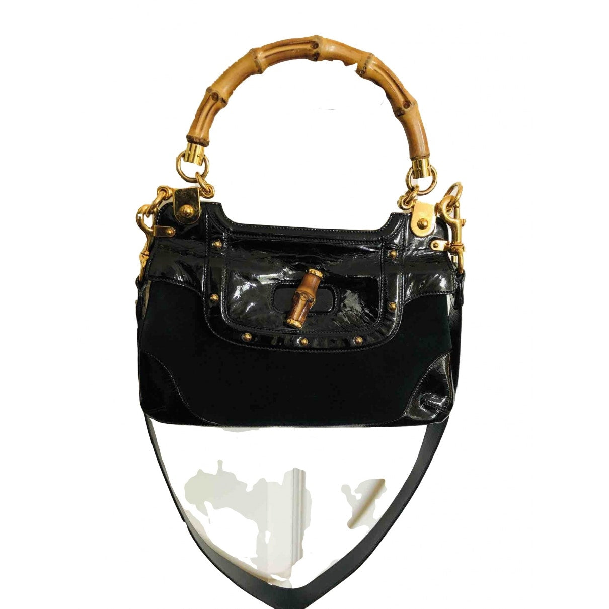 Gucci bamboo black patent leather handbag