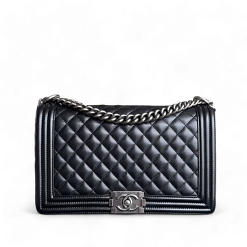 Chanel Boy Medium - Caviar 28CM Quilted Black Ruthenium Silver Hardware Series 28