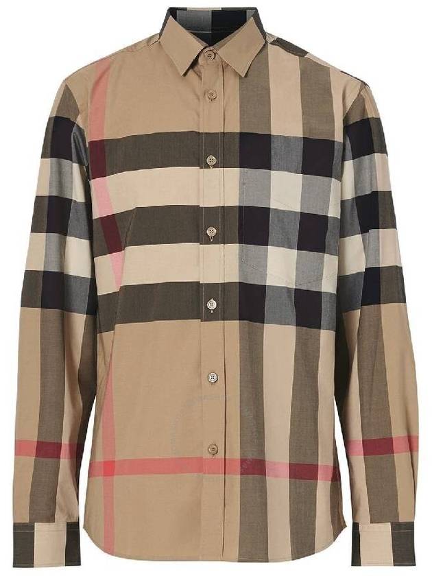 Burberry Check Stretch Cotton Poplin Long Sleeve Shirt Beige