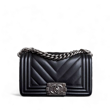 Chanel Boy Small - Caviar 20CM Chevron Black Ruthenium Silver Hardware Series 28