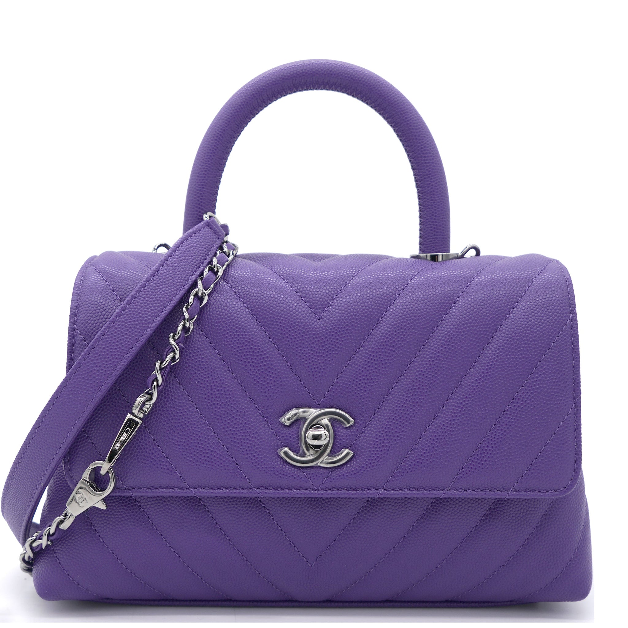 Chanel Purple Chevron Caviar Leather Mini Coco Top Handle Bag