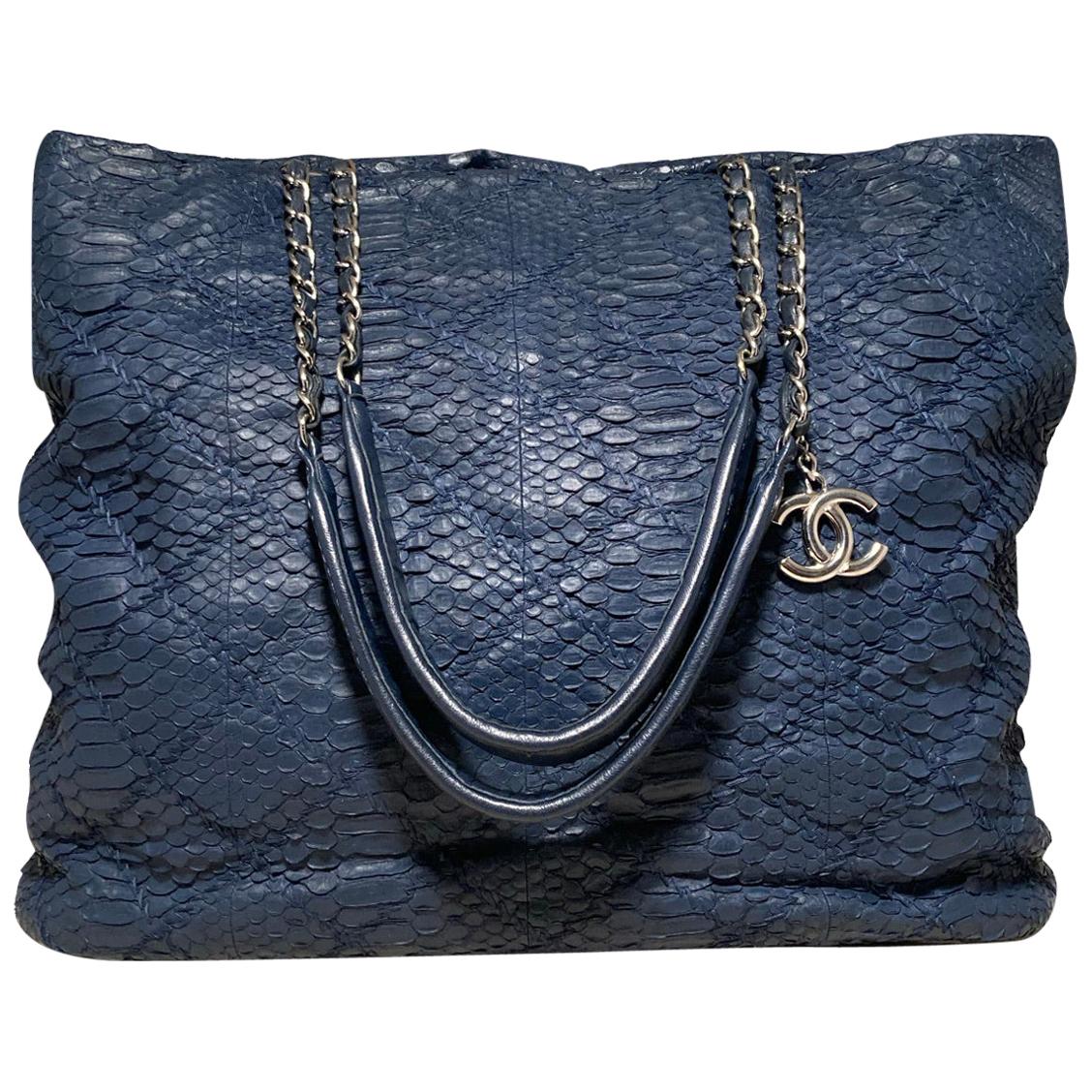 Top Quality Chanel Navy Blue Quilted Matte Snakeskin Tote