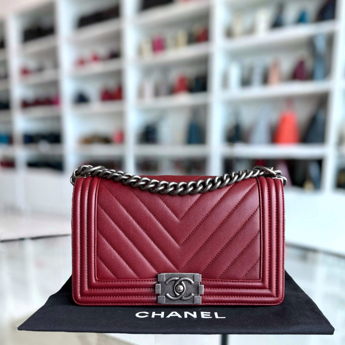 Chanel Boy Medium - Caviar 25CM Chevron Dark Red Burgundy Ruthenium Silver Hardware Series 24