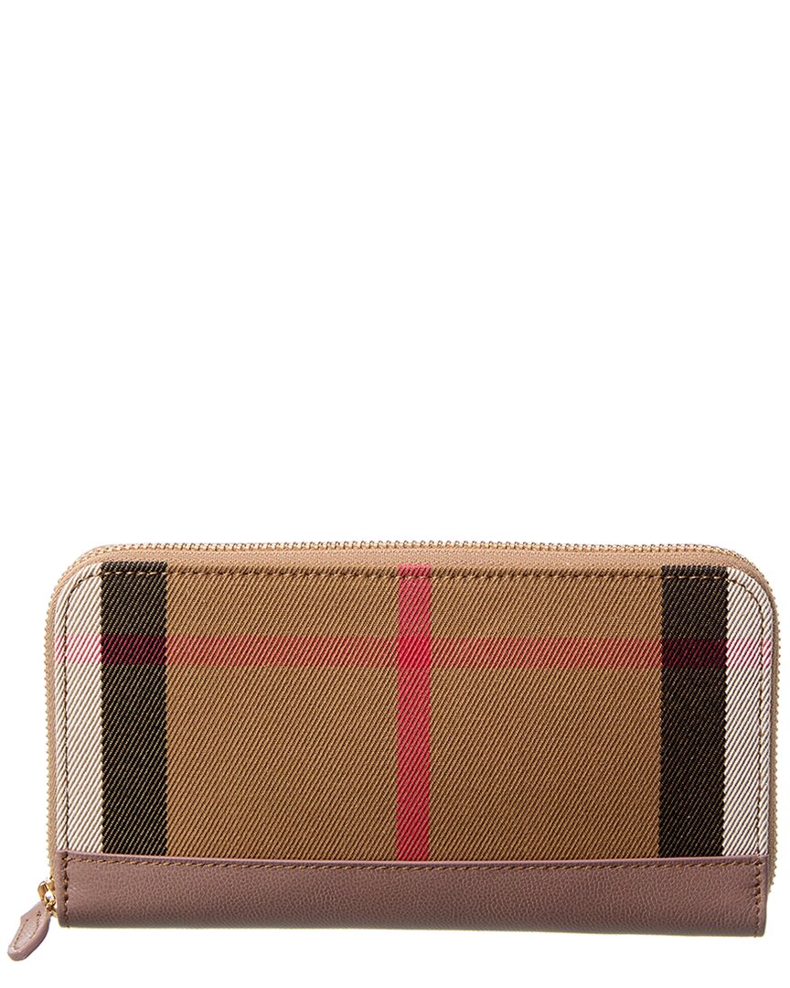Burberry Check Canvas & Leather Zip Around Wallet