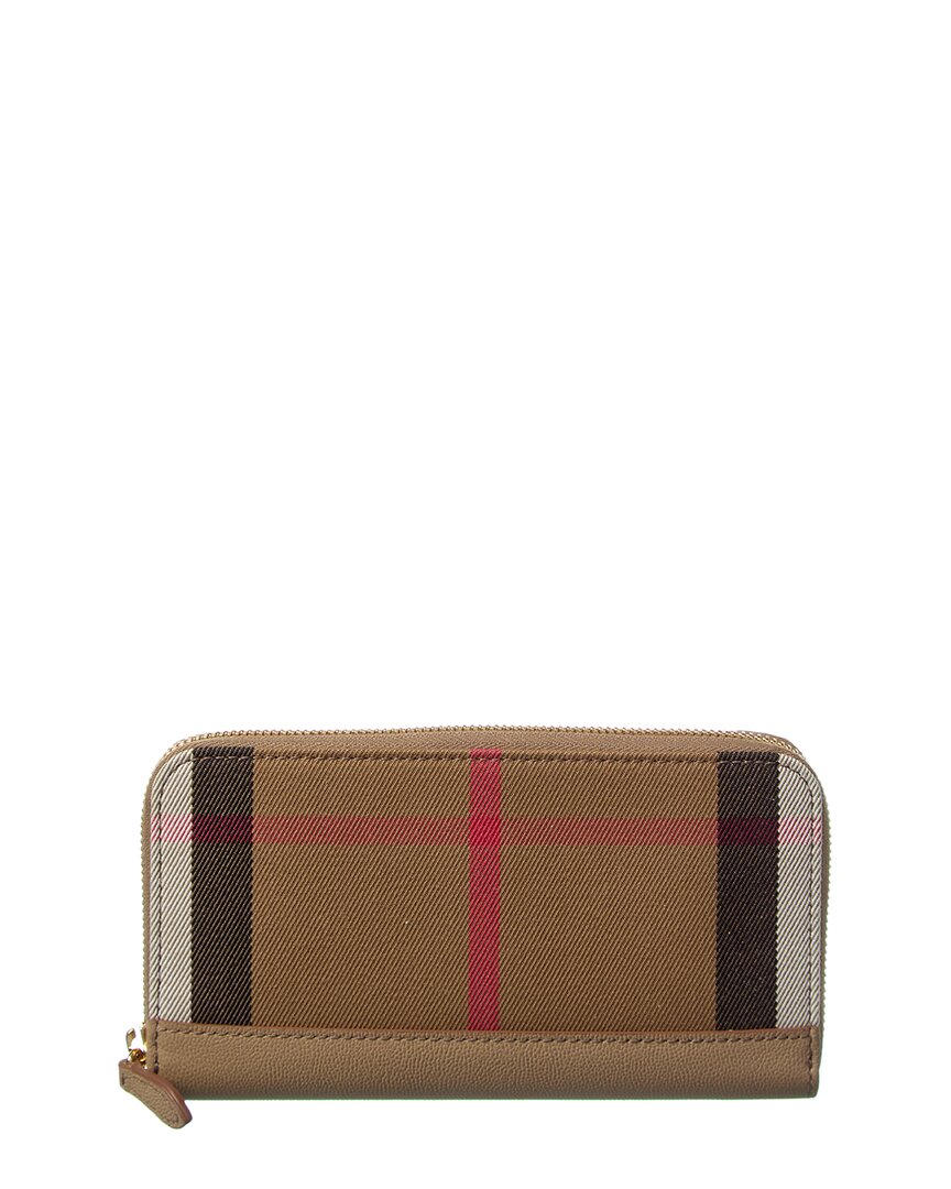 Burberry Check Canvas & Leather Zip Around Wallet