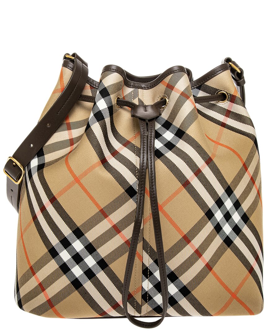 Burberry Check Medium Leather-Trim Bucket Bag