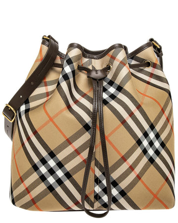 Burberry Check Medium Leather-Trim Bucket Bag
