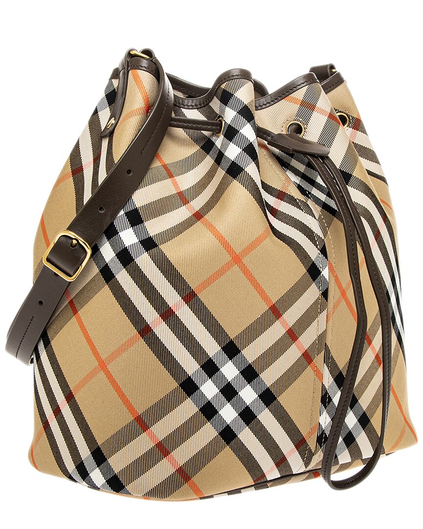 Burberry Check Medium Leather-Trim Bucket Bag