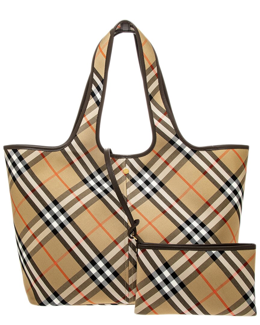 Burberry Check Medium Leather-Trim Tote