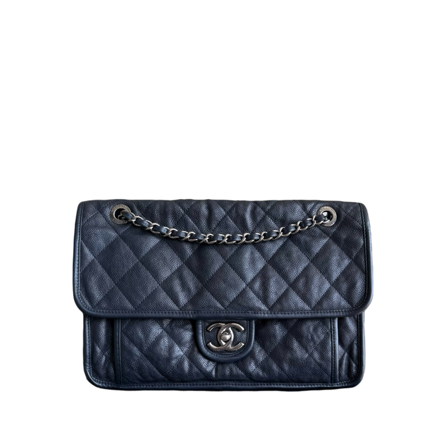 Chanel Seasonal Flap French Riviera Jumbo - Caviar 30CM Quilted Calfskin Dark Blue Silver Hardware Series 19