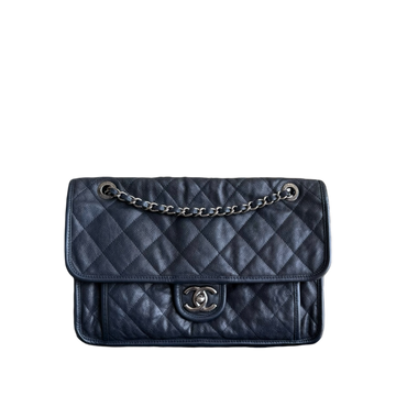 Chanel Seasonal Flap French Riviera Jumbo - Caviar 30CM Quilted Calfskin Dark Blue Silver Hardware Series 19